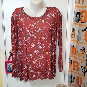 Logo layers top mesh semi sheer star print long sleeve